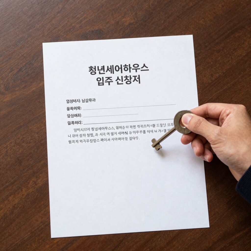 당진시 청년셰어하우스 입주 신청서와 열쇠를 들고 있는 청년의 손 이미지