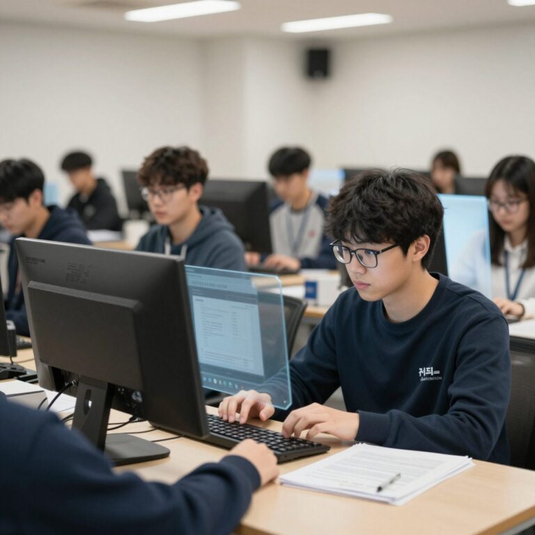 기장군 청년이 컴퓨터로 자격시험 응시료 지원을 신청하는 모습