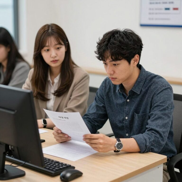 청년 1인 가구가 부동산 중개사무소에서 계약서를 확인하며 중개보수 감면 혜택을 받는 모습