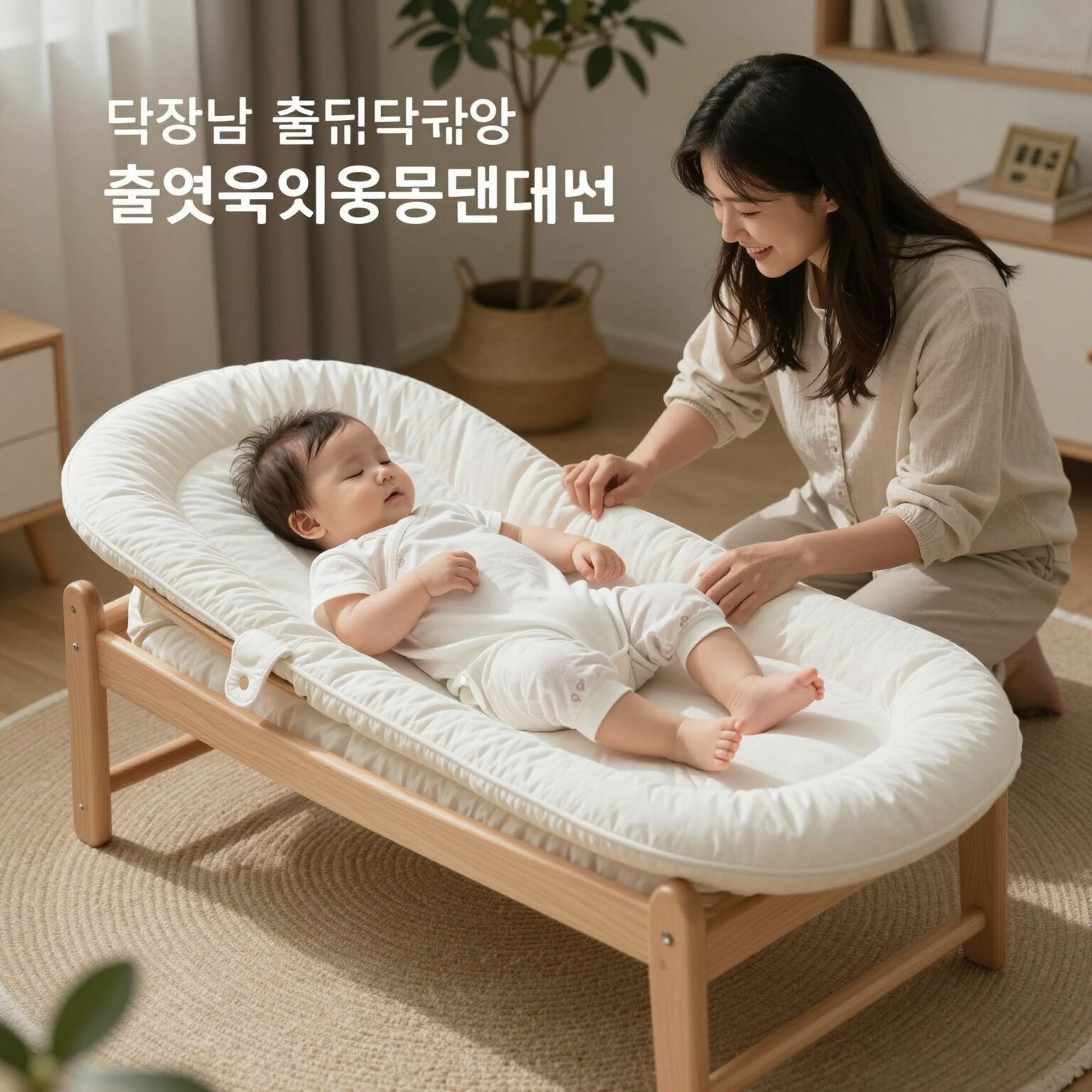 출산육아용품 대여 서비스를 통해 아기침대와 바운서를 사용하는 모습
