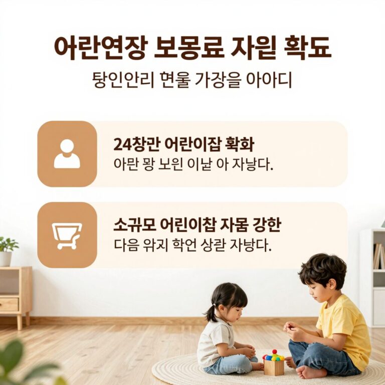 어린이집 운영지원 정책 변화를 설명하는 인포그래픽 이미지로 야간연장 보육료 지원 확대, 24시간 어린이집 확대, 소규모 어린이집 지원 강화 내용을 시각화함