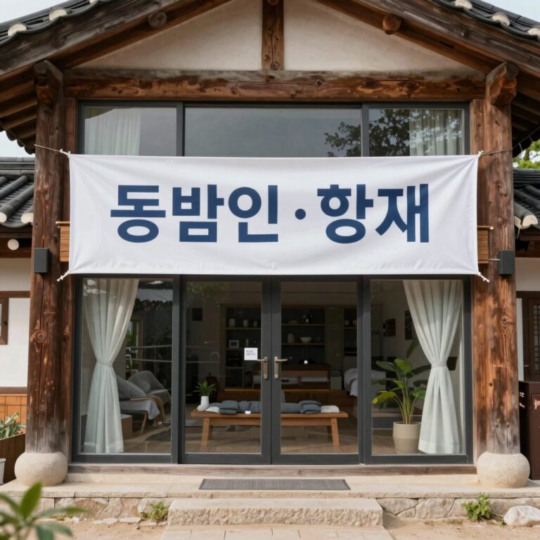 동백동산 에코촌 유스호스텔 건물 전경과 할인 안내 현수막
