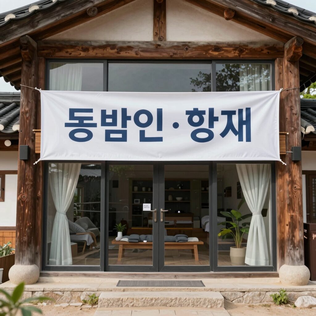 동백동산 에코촌 유스호스텔 건물 전경과 할인 안내 현수막
