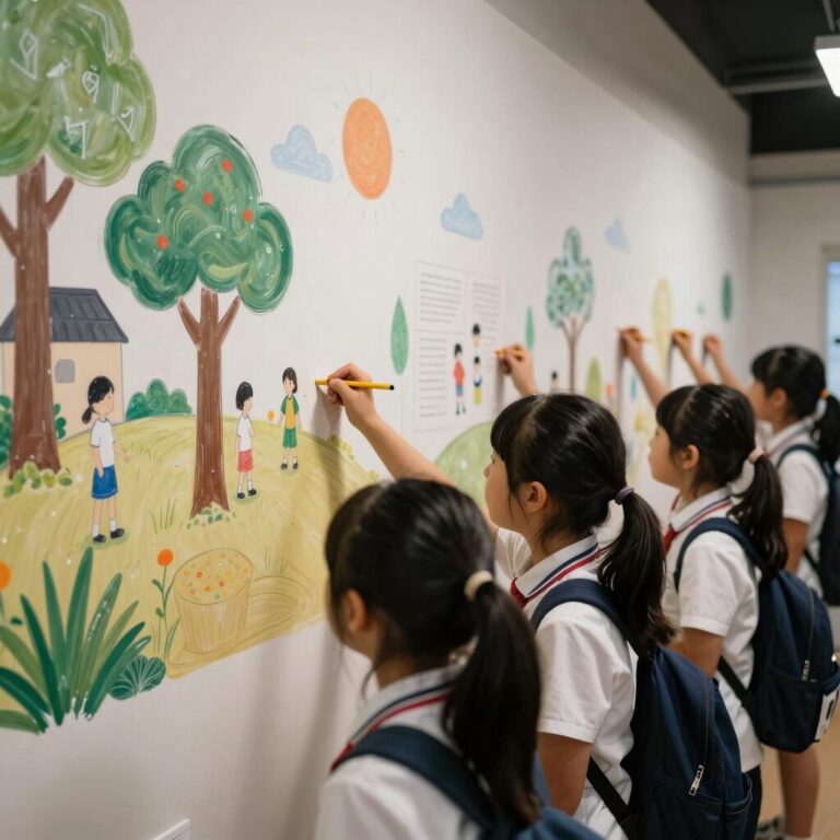 초중학교 학생들이 벽화를 그리고 있는 모습