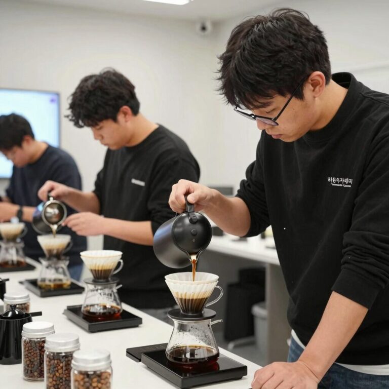하동아카데미 커피 강좌 수강생들이 핸드드립을 배우는 모습