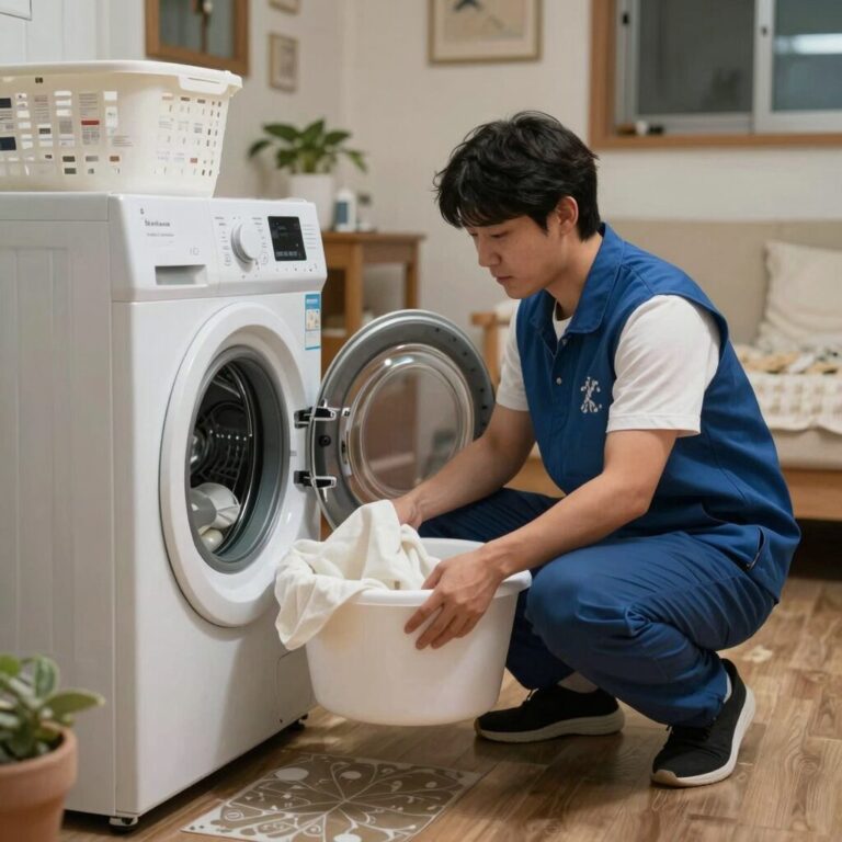 중증장애인이 집에서 세탁 서비스를 받는 모습