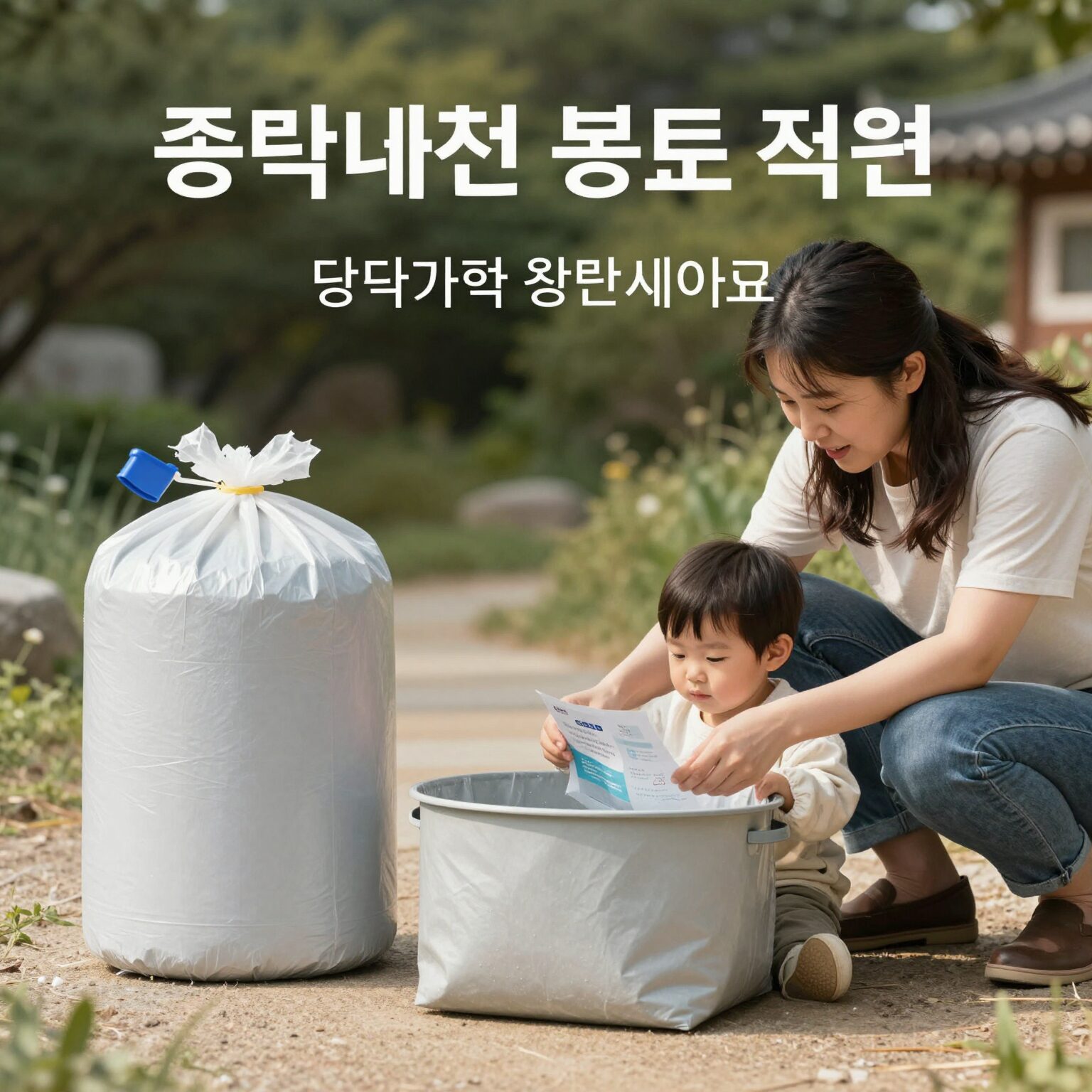 다자녀가정 종량제봉투 지원을 설명하는 표와 함께 종량제봉투 사진