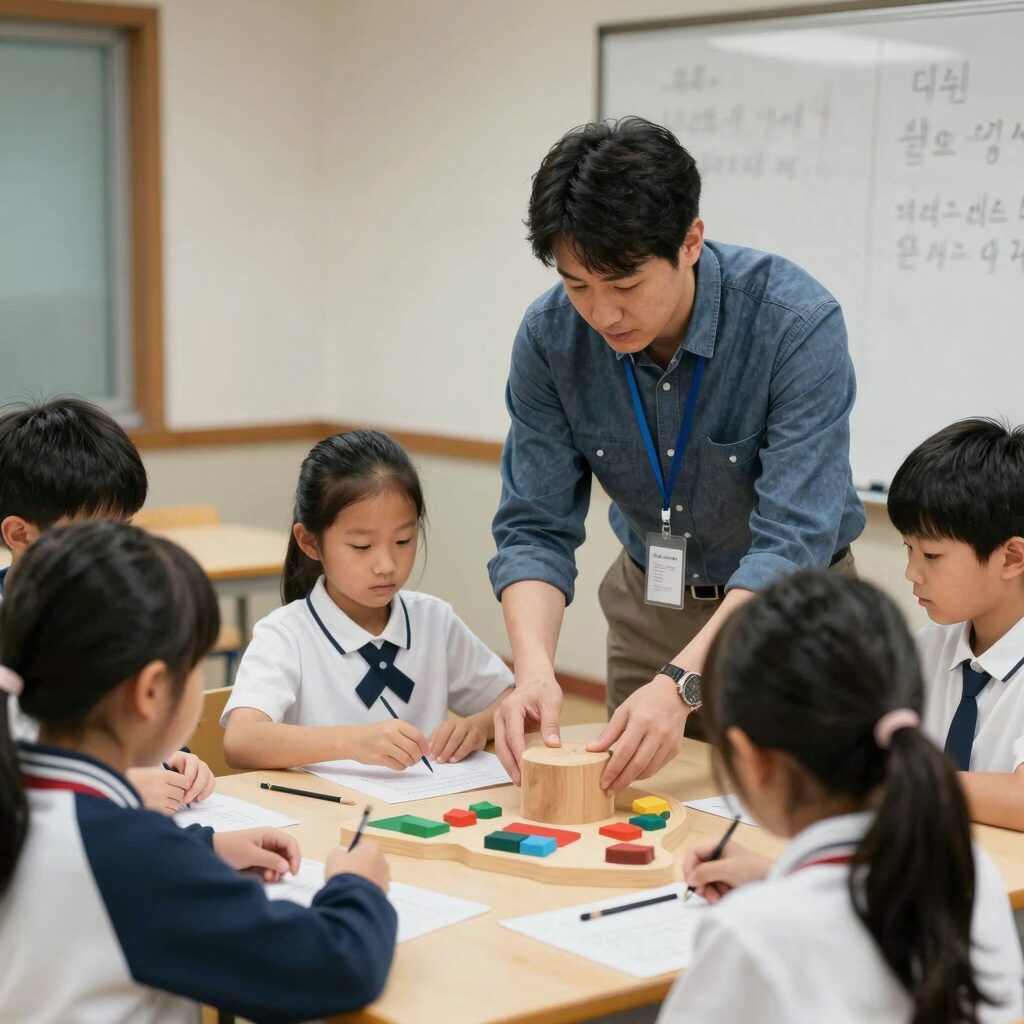 초등학생이 원어민 선생님과 함께 스팀 교구로 배를 만드는 모습