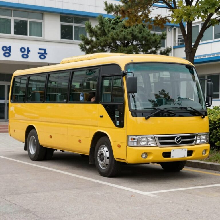 영암군 통학차량 지원 사업 이미지 – 노란 통학버스가 학교 앞에 서 있는 모습