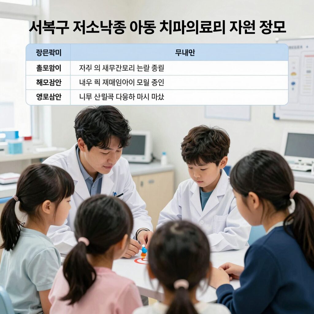 서북구 저소득층 아동 치과의료비 지원 정보 표와 치과 진료 중인 아이 모습