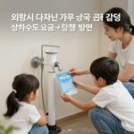 의왕시 다자녀 상하수도 요금 감면 신청법 의왕시 다자녀 가구 상하수도 요금 감면 신청 방법을 설명하는 이미지로, 가족이 수도 계량기를 바라보며 할인 혜택을 확인하는 모습