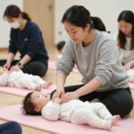 운정보건소 아이맘행복교실 신청 방법 파주 운정보건소에서 진행되는 아이맘행복교실 쏭쏭베이비마사지 수업 장면, 엄마가 아기에게 마사지를 해주는 모습
