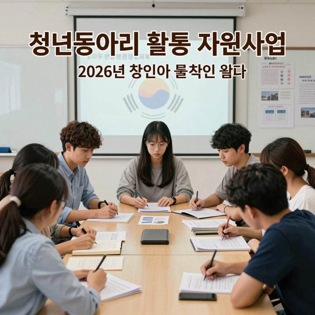 청년동아리 활동 지원사업 2026년 포스터 이미지로, 다양한 청년들이 함께 모여 활동하는 모습을 표현