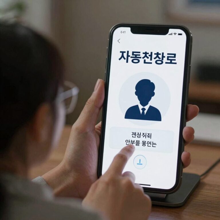 AI 자동 전화로 안부를 확인하는 서비스 개념도, 전화기와 사람 실루엣, 이상 징후 시 연계되는 읍면동 아이콘