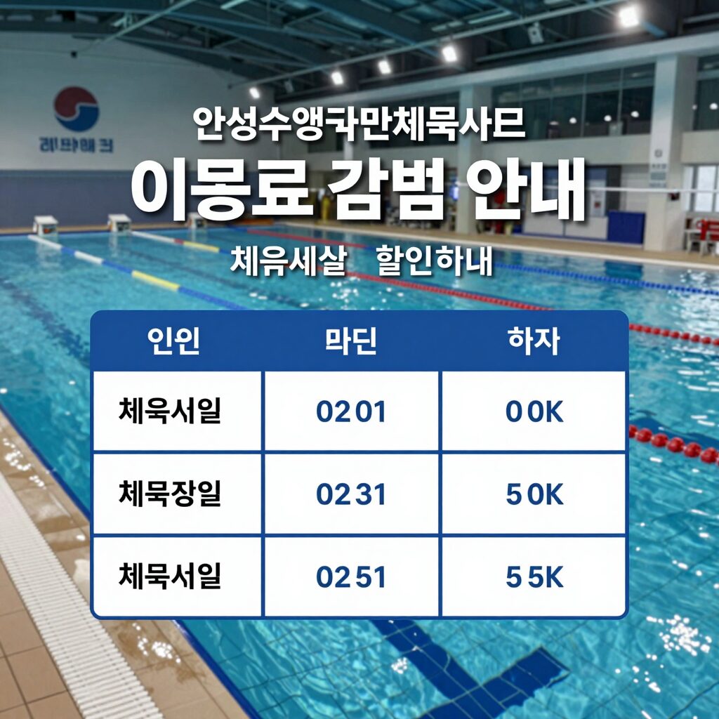 안성수영국민체육센터 이용료 감면 안내 이미지 - 체육시설 할인 혜택을 설명하는 표와 수영장 전경