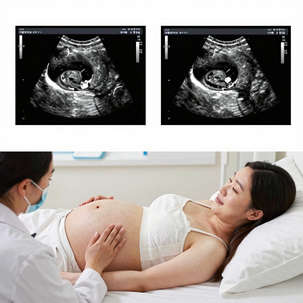 산전 기형아 선별검사 임신부 초음파 검사 모식도
