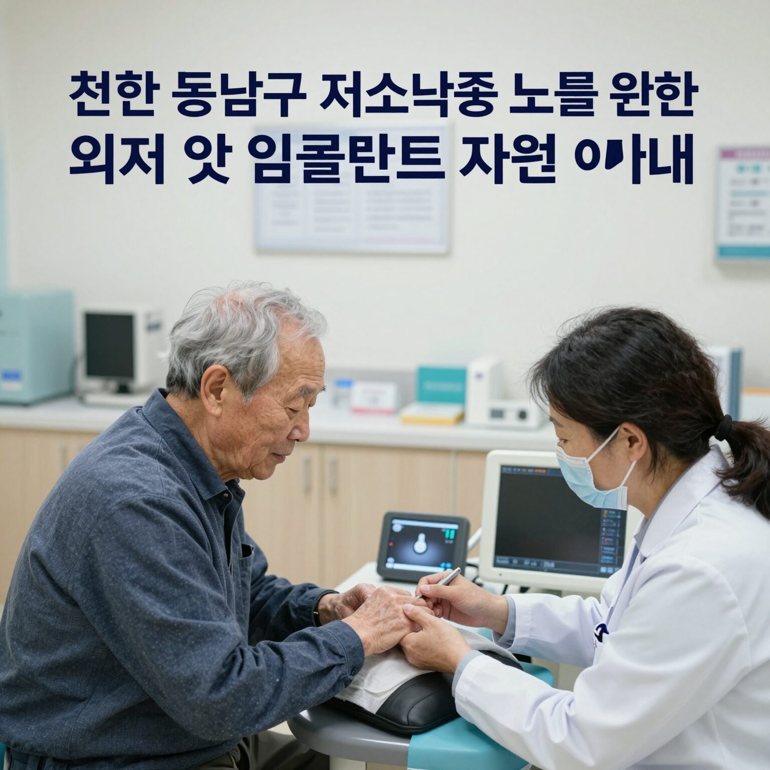 천안 동남구 저소득층 노인을 위한 의치 및 임플란트 지원 사업 안내 이미지. 치과에서 상담 받는 노인과 보건소 로고