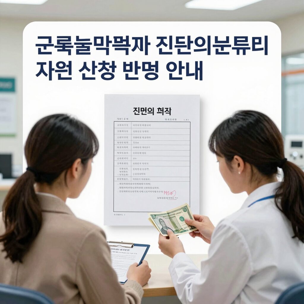 근로능력평가 진단의료비 지원 신청 방법 안내 이미지: 병원 진단서와 돈 아이콘